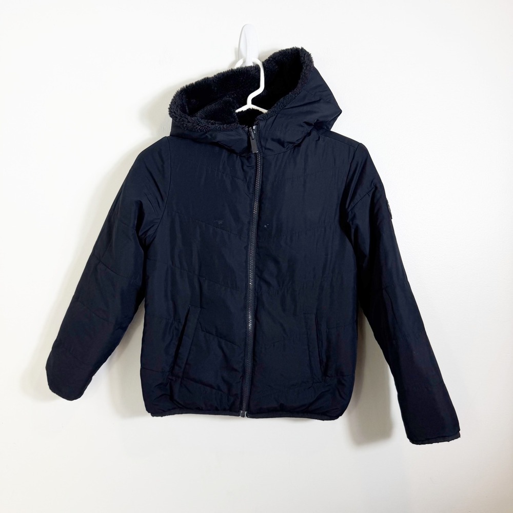 Abercrombie Puffer Jacket Boys 9/10 Black Faux Fur Lined Hooded Coat